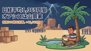 嵐の砂漠の中にある小さなオアシスで、ラーメンを持ってほっとする人物のイラスト。半導体株が売られた日に、山岡家の利益確定が心の支えになった様子を表現