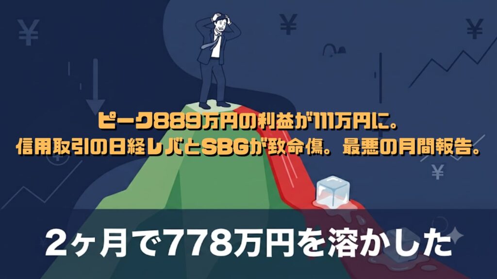ピーク889万円の利益が2ヶ月で778万円溶けたSBI証券の実現損益推移に落胆する投資家のイメージ