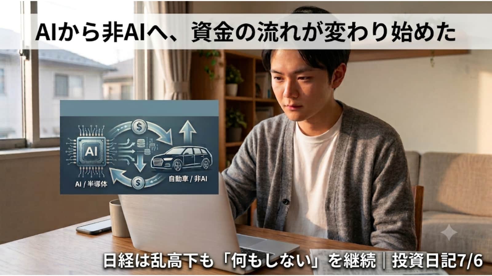 AI・半導体からトヨタ・ホンダなど自動車株へ資金がシフトするセクターローテーションを示すイメージ、投資日記7/6