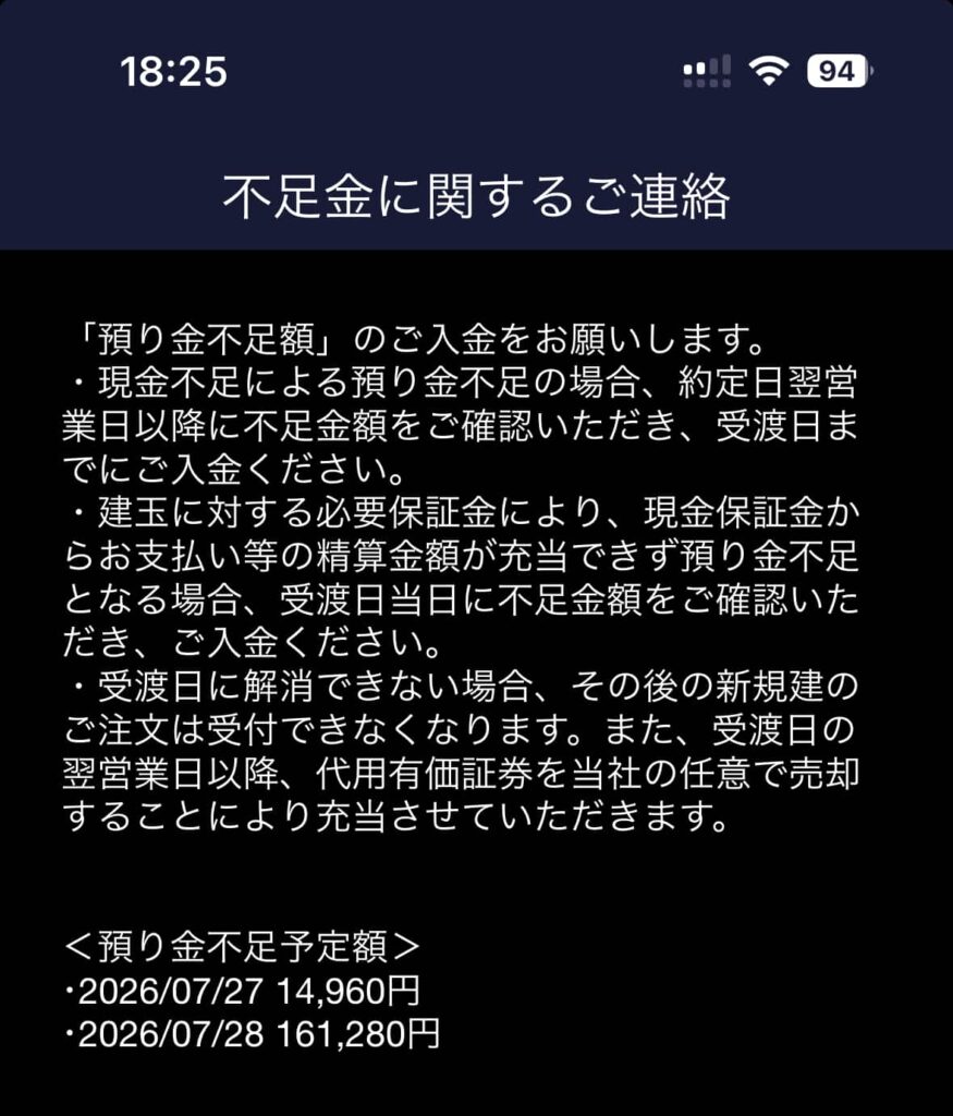 SBI証券の追証通知画像