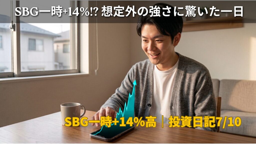 自宅でスマートフォンの株価チャートを見て驚く30代男性のイラスト。 ソフトバンクグループ急伸による日経平均株価上昇を表すイメージ。