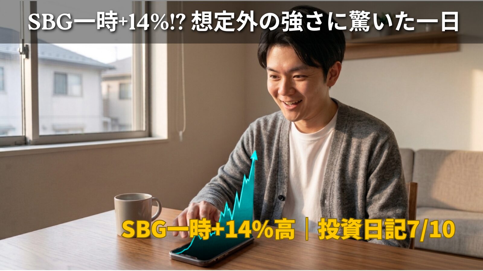 自宅でスマートフォンの株価チャートを見て驚く30代男性のイラスト。 ソフトバンクグループ急伸による日経平均株価上昇を表すイメージ。