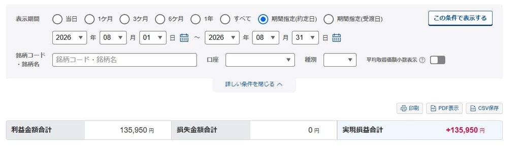 楽天証券の8月収支画像