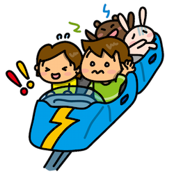 青いジェットコースターが落ちていくところ