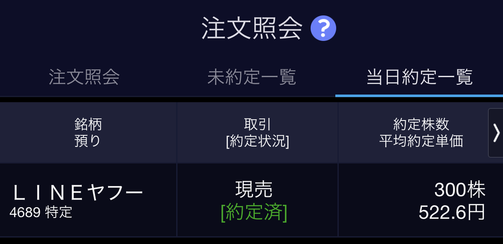 SBI証券の約定履歴画面
