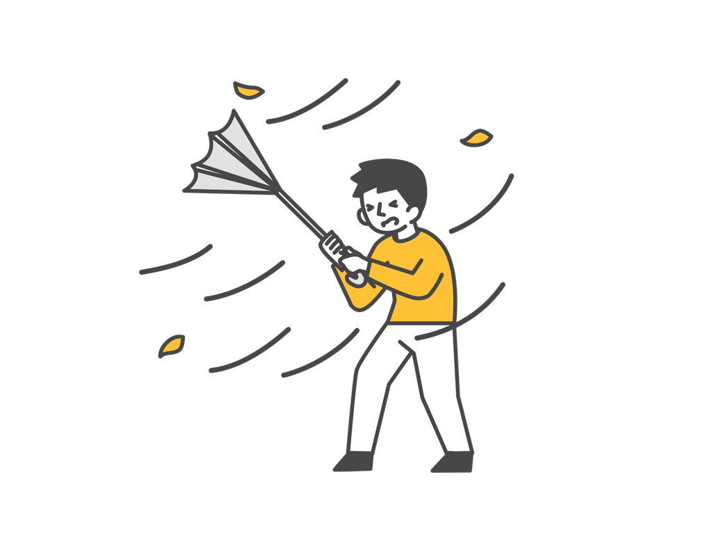 嵐の中傘を持つが折れてしまった男性