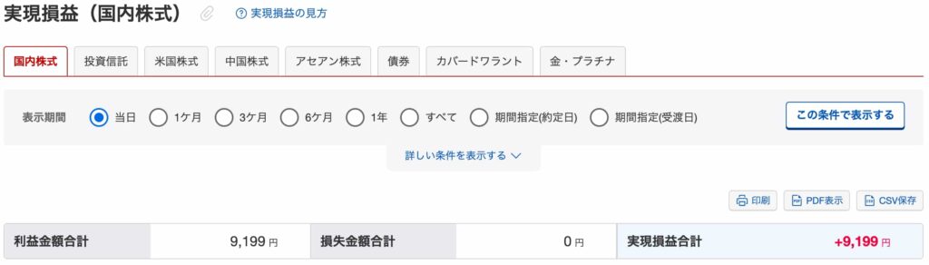 楽天証券の実現損益
