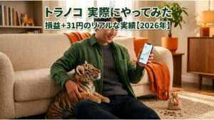子虎とスマホでトラノコの資産グラフを見る男性。損益+31円の実績（2026年）