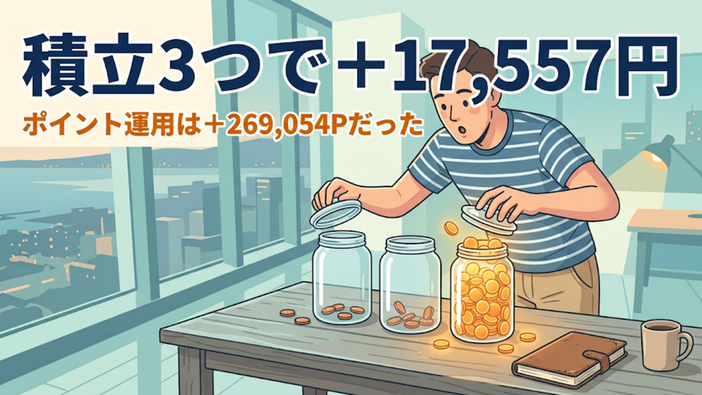 積立投資の定点観測をイメージしたイラスト。コインが少ししか入っていない3つの瓶と、ポイントがあふれる1つの瓶のフタを開けて驚く人物