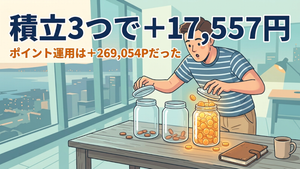 積立投資の定点観測をイメージしたイラスト。コインが少ししか入っていない3つの瓶と、ポイントがあふれる1つの瓶のフタを開けて驚く人物